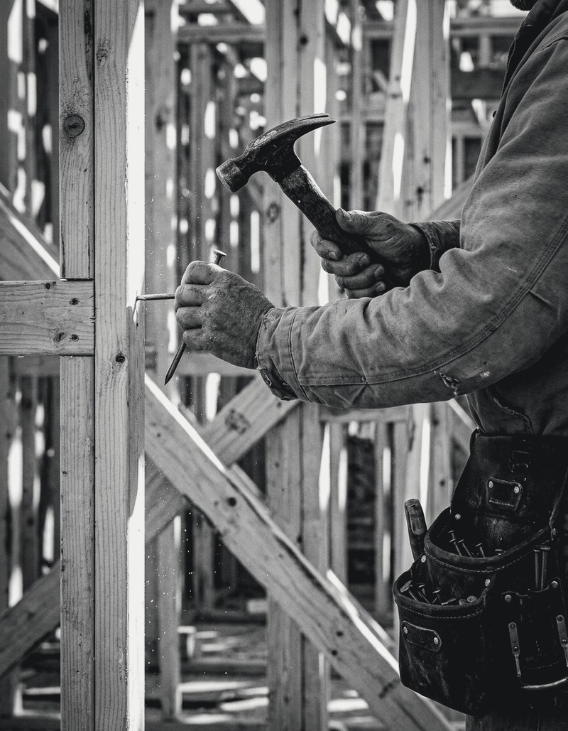 Framer driving a nail into a stud wall, nail bag on hip