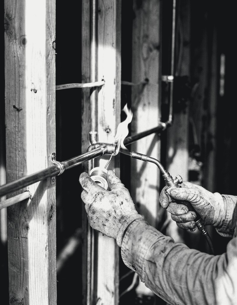 Plumber sweating a copper joint with a torch on a stud wall rough-in